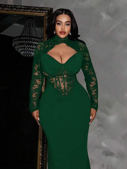 Maweii Plus Size Women's Black Lace Sexy Hollow Out Bandage Casual Chic Young Elastic Knit Versatile Layering Dress, Sexy Formal Party Cocktail Dress, Sexy Jumpsuit, Elegant Formal Gown