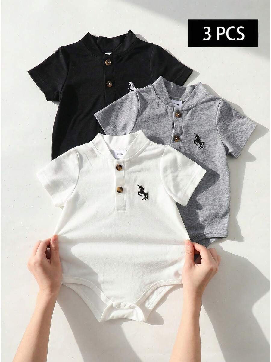 SHEIN Conjunto de 3 piezas de body casual para bebé niño, adecuado para uso diario, fiesta de cumpleaños, ceremonia, baby shower y otras ocasiones, verano - Multicolor - Ver 1