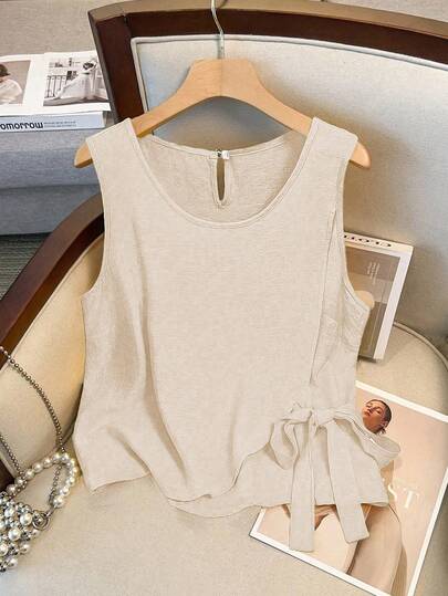 GlowEve CURVE Vacation Casual Solid Color Summer Round Neck Front Tie Sleeveless Blouse, Women Summer Clothing