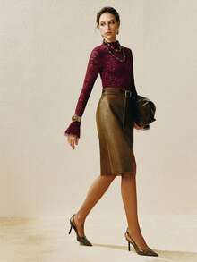 Arave 女士天鹅绒蕾丝撞色网纱双层喇叭袖口修身优雅绿色长袖打底衫，秋季女装 - 紅色 - 查看 2