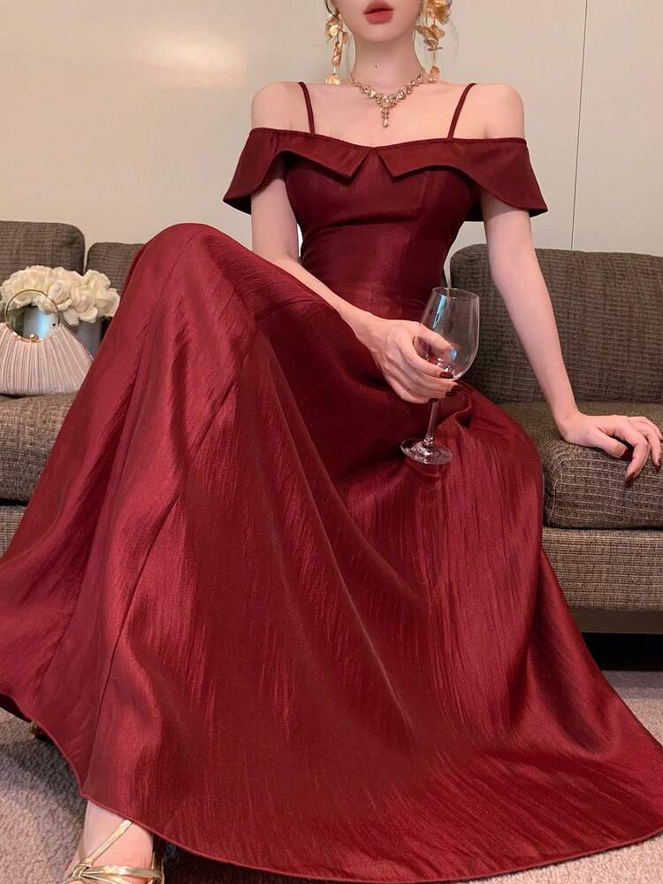 Women's Elegant Solid Color Spaghetti Strap Off-Shoulder Ruffle Hem Dress, Summer Sundress Maxi Dress Cocktail Dress