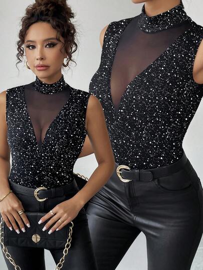 Rafferiza Elegante top de mujer sin mangas con cuello simulado, escote en V y empalme de malla