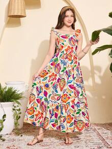 SHEIN 少女碎花印花优雅方领荷叶袖收腰长裙，春夏假日风 - 彩色 - 查看 6