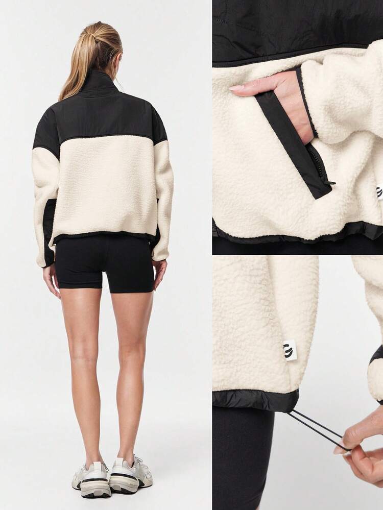 Cloud Fleece Double The Glow Two-Tone Waist-Length Drawstring Hem Zip-Up Jacket With Side Zipper Pockets Daily Casual Wear Fall Winter
