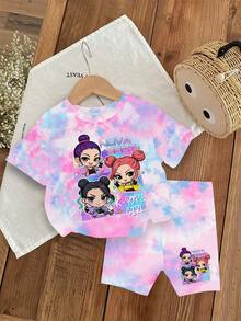 1 Set Baby Girls' Fashionable & Cute Cartoon K-POP Girl Pattern Tie-Dye Print Short Sleeve Crew Neck T-Shirt And Shorts Set, Suitable For Casual And Outdoor Wear - Multicolor - View 7
