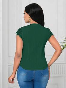 Lunelith SHEIN Lunessa Blus Wanita Lengan Pendek Bergaris Gelombang dengan Motif Renda Elegan - Olive Green - View 2