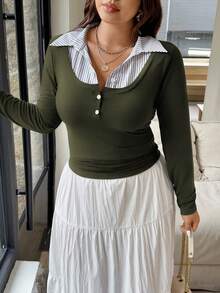 Vionelle Maglietta casual a maniche lunghe con patchwork in stile francese, taglie comode per donna - Verde militare - Visualizzare 5