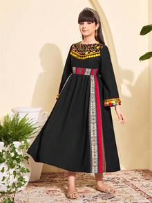 Tween Girl Black Autumn Boho Wedding Guest Dress Luxurious Retro Floral Gold Sequins Round Neck Elastic Waist Festive Occasion Luxurious Design - Black - View 4