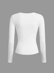 Tseoso 2pcs/Set Women's Pure White 95% Cotton Rib Knit Crew Neck Casual Fitted Long Sleeve T-Shirt Set, Suitable For Autumn/Winter - White - View 6