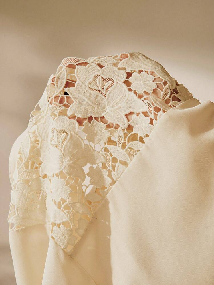 Anewsta Women's Cream Floral Lace See-Through Back Long Sleeve Blouse, Elegant Spring/Summer Casual Party Holiday Outerwear