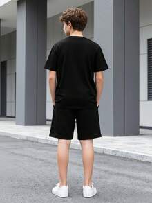 Coolqubz 2 pièces/Set Mode de rue décontractée Ados Garçons Imprimé Lettre et Portrait T-shirt à manches courtes et Short Set, Été - Multicolore - Voir 2