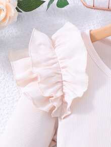 Tween Girl Pink Ruffle Shoulder Long Sleeve Top + Black Faux Pearl Skort Set - Apricot - View 4