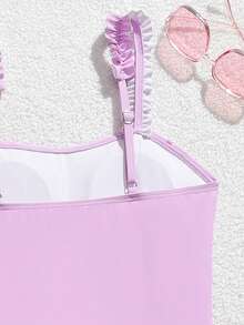 SHEIN 少女百合花印花连体泳衣配网纱裙夏季度假两件套 - 彩色 - 查看 4