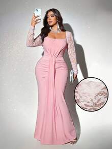 Viva Relle Plus Size Women's Solid Square Neck Lantern Sleeve Dress, Romantic For Wedding Guest, Graduation Ceremony, Prom, Holiday, Wedding Guest, Elegant, Birthday, Church, Night Out,Party,Luxury Evening Dresses For Women,Pink Skirt - Pink - View 6