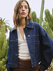 Nöista Dark Blue Denim Jacket With A Collar, Front Button Closure, And Two Patch Pockets. Spring, Summer, Women. - Dark Wash - View 3