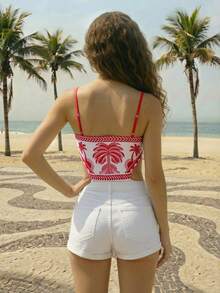 CAJUNI Body de tirantes rojos con estampado tropical de palmeras - Rojo - Ver 2