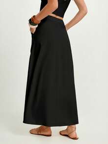 CAJUNI Chân váy midi cạp cao có túi in họa tiết cây nhiệt đới dành cho nữ, thích hợp cho kỳ nghỉ. - màu đen - Xem 2