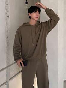 DAZY Men's Loose Fit Coffee Brown Hoodie Set, Autumn - Coffee Brown - View 4