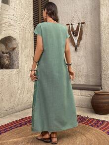 EMERY ROSE 女士圆领短袖植物印花休闲口袋连衣裙 - 綠色 - 查看 2