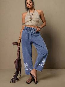SHEIN VCAY Quần jean denim cỡ lớn in hoa dáng thường ngày - Màu xanh lam - Xem 5