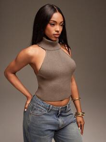 Denimoi Áo len cổ cao không tay có khoen tròn, áo quây, áo hở lưng, áo len cổ lọ. - Lạc đà - Xem 5