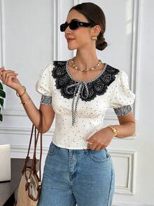 SHEIN Frenchy Women's Elegant Black White Polka Dot Summer Blouse,French Retro Peter Pan Collar Bow Tie Puff Sleeve Top,Brunch Vacation Casual Lace Gingham Trim - Multicolor - View 5