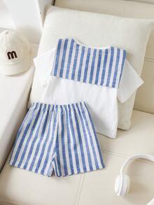 SHEIN 3pcs Baby Boy Summer Casual Vacation Cute Blue & White Striped Shawl, White Bear Graphic T-Shirt, And Blue & White Striped Casual Shorts - Multicolor - View 2