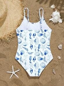 SHEIN 少女蓝色和白色海洋贝壳和海马印花连体泳衣，时尚清新，适合游泳、海滩和水疗中心穿着。