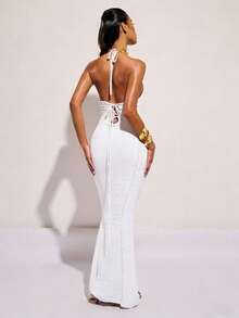 COSMINA Đầm midi nữ thanh lịch, móc len, cổ chữ V sâu, thích hợp cho kỳ nghỉ. - trắng - Xem 2