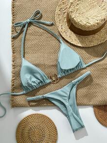 Swim Chiccia Women's Solid Color Spaghetti Strap Metal Decor Thong Bikini 2-Piece Swimwear Set, Summer Beach Holiday - Cadet Blue - View 5