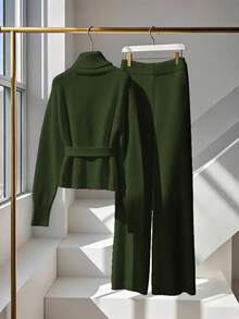 GlowEve CURVE 大码女式高领宽松毛衣裤套装，简约时尚秋冬穿搭 - 軍綠色 - 查看 2