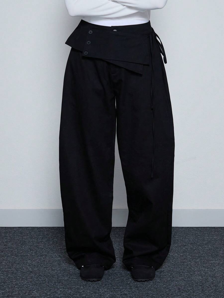 COUREZ 宽松低腰修身长裤，纽扣前襟配腰带细节 / Y2K 冬季女装休闲裤工作装外出下装上衣派对新年 - 黑色 - 查看 1