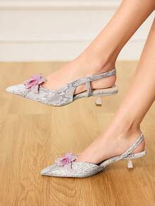 CUCCOO HITCHD Women's Fashionable Elegant Party Crystal Floral Decor Pointed Toe Pumps For Christmas - Black and White - View 4