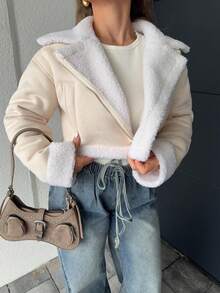 Jeta Ari Women's Short Fur Collar Pu Leather Jacket In Fall/Winter - Apricot - View 3