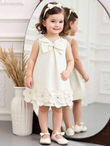 SHEIN Baby Girls' Elegant Sleeveless Bow Decor Ruffle Mesh Dress, Minimalist Fashion For Spring/Summer - White - View 7