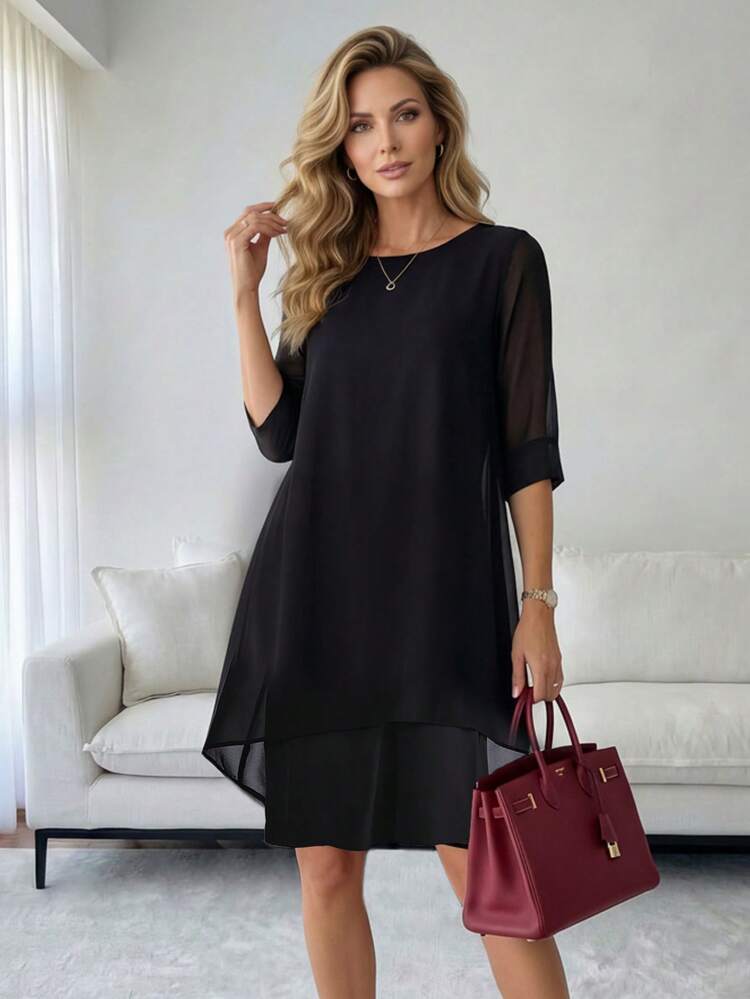 Plus Size Black Chiffon Mid-Sleeve Round Neck Loose Casual Dress For Summer/Elegant,Wedding Guest Dress Half Sleeve Dress Casual Black Dress Black Work Dress Black Tunic Dress, Summer Dresses