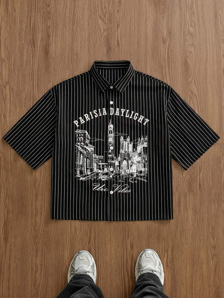 Manfinity BRENVOR Men's Woven Short Sleeve Vertical Striped Letter Print Fashionable Shirt - Black - View 1