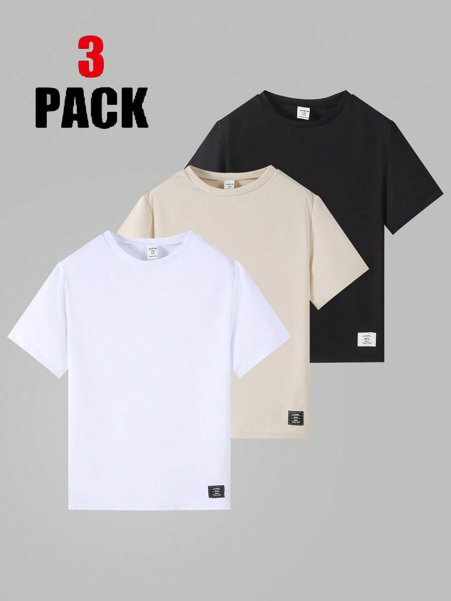 SHEIN 少年男孩3入組短袖上衣,掛牌裝飾,圓領設計,適合春夏季節 - 黑與白 - 查看 1