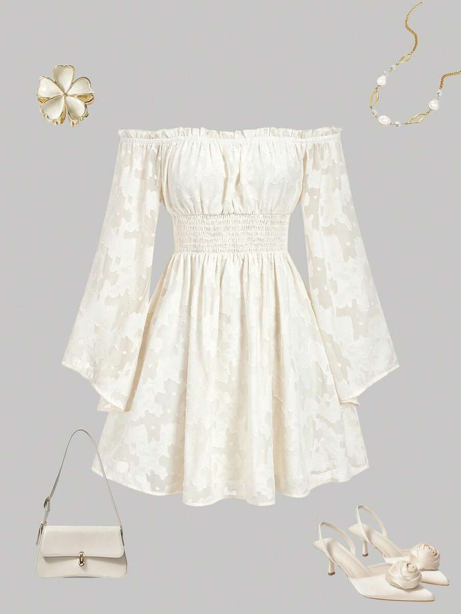 SHEIN MOD 杏色纹理露肩喇叭袖腰部收紧短款连衣裙 - 杏色 - 查看 1