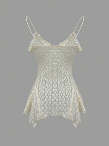 INAWLY Women's V-Neck Ruffle Hem Asymmetrical Lace Blouse - White - View 2