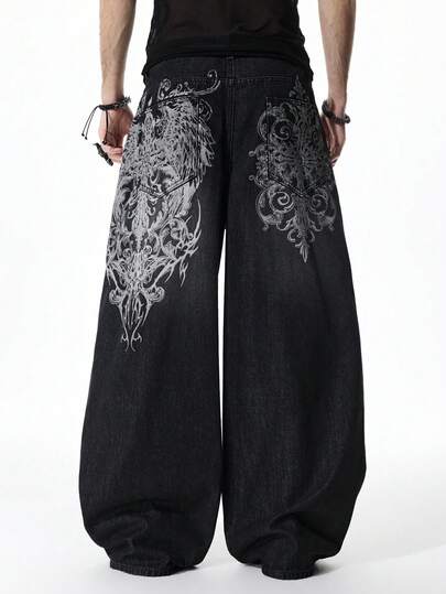 Street Life Men's Fashionable Street Graphic Print Loose Wide-Leg Jeans