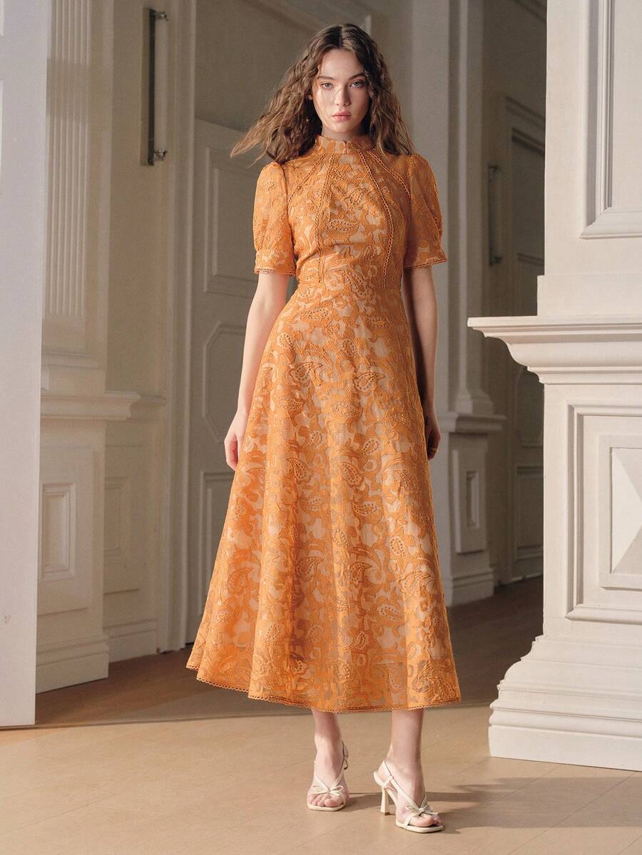 Anewsta Women's Yellow High Neck Fitted Mesh A-Line Dress, Elegant Embroidered Long Sleeve Dress, Spring/Summer - Yellow - View 1