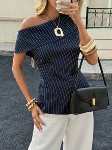 Siren Gaze 女士条纹短袖荷叶边上衣 春夏时尚百搭休闲短袖上衣 优雅夏季 - 藏蓝色 - 查看 2