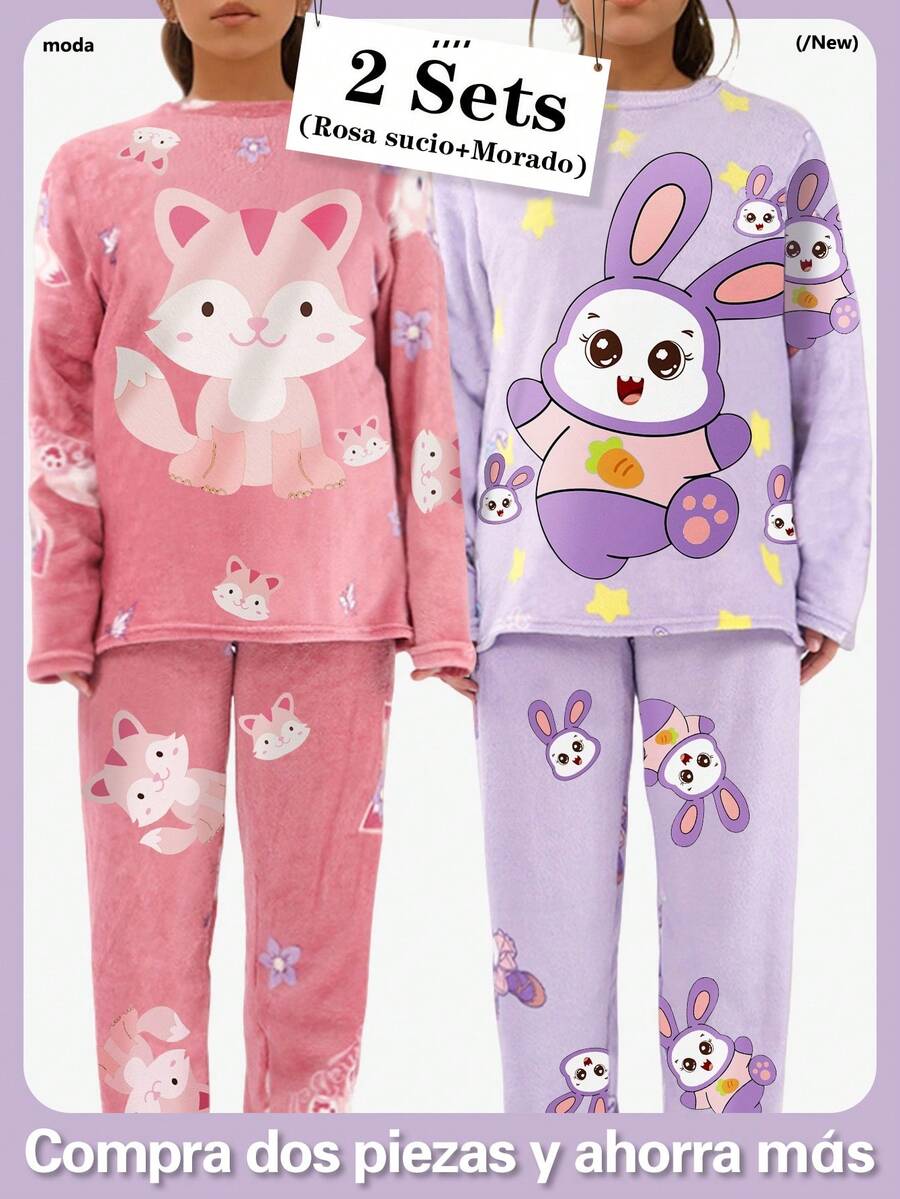 2Sets Conjunto de Pijamas para Mujer, Térmico y Grueso, Top y Pantalón de Polar Cálido para Invierno, con Estampado de Dibujos Animados - 5008Rosa sucio‌+Morado - Ver 1