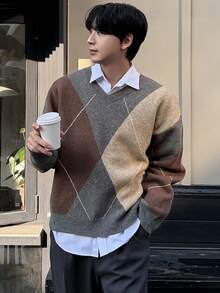 DAZY V-Neck Colorblock Multi-Color Men's Sweater, Autumn/Winter - Multicolor - View 7