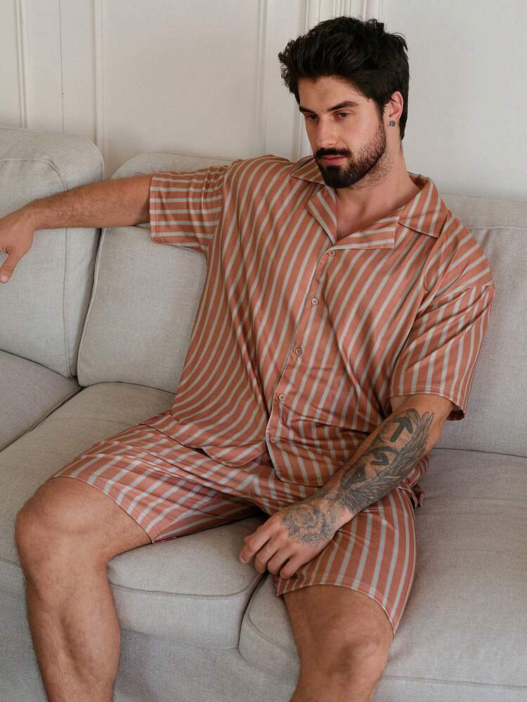 Men's Striped Brown Pajama Set, Summer