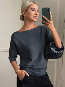 DAZY 女士纯色修身船领半袖休闲优雅针织上衣，秋冬款 - 深灰色 - 查看 4