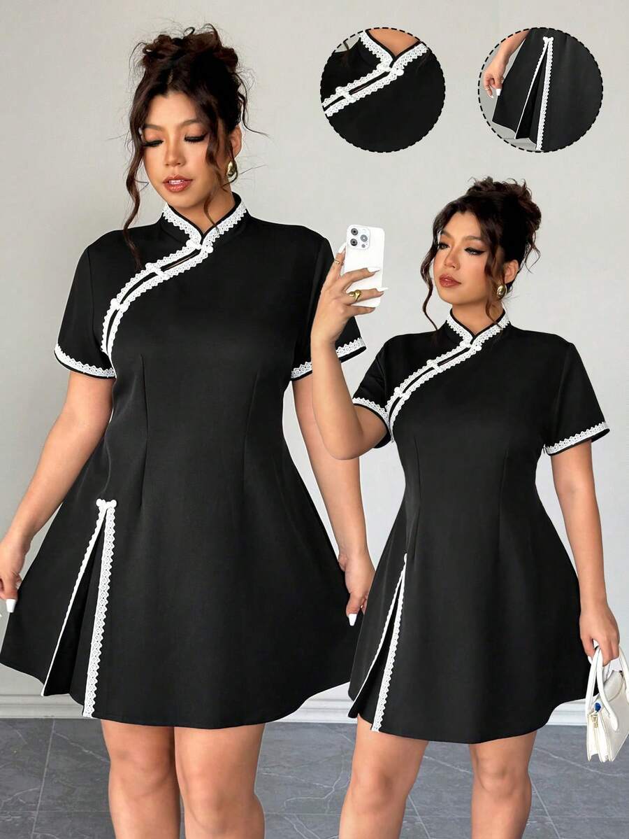 Elenzga 大码女式新款时尚百搭弹力梭织修身纽扣式中国新年旗袍 - 黑色 - 查看 1