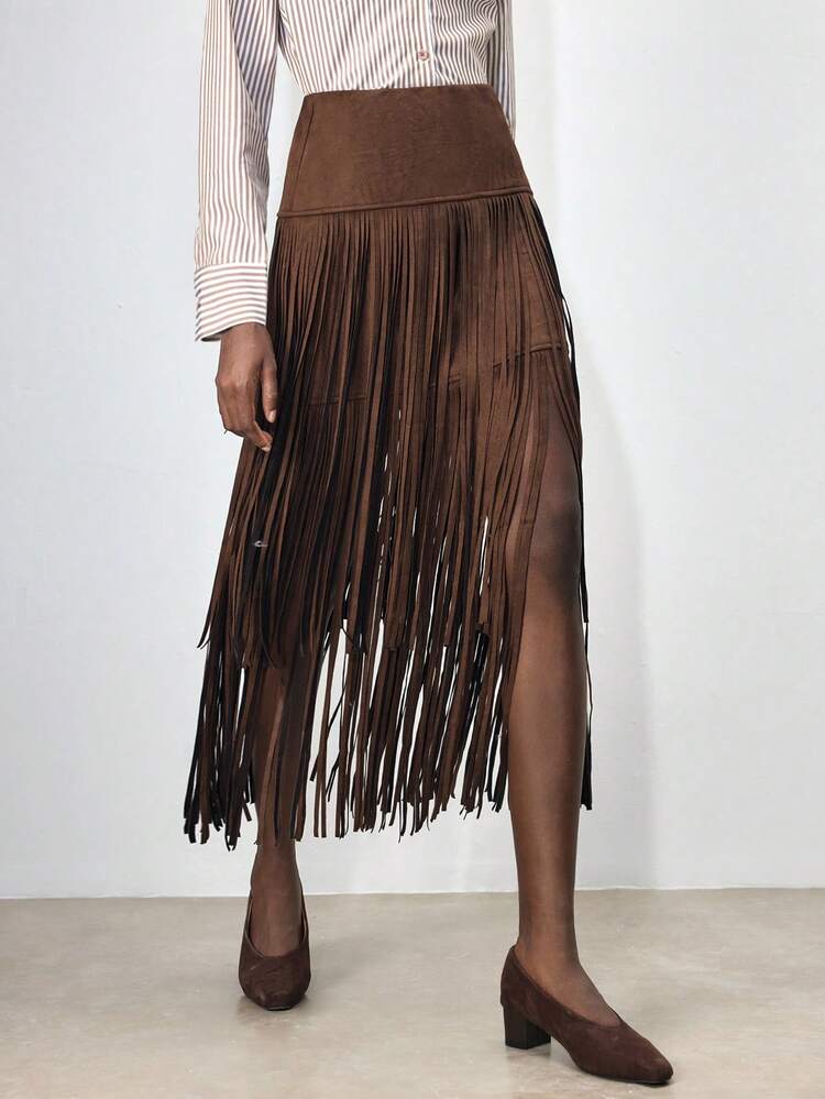 SHEIN Maija Women's Mid-Waist Cinched Waist Fringe Patchwork Design Urban Commute Business Casual Elegant Office Skirt, Suitable For Spring/Summer, Valentine's Day, Bohemian Holiday Army Skirt Tassel Skirt, Vacation Summer Going Out Graduation