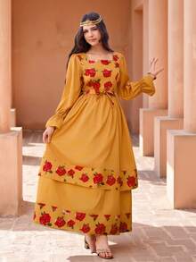 SHEIN Teen GirlRose Print Dress, Square Neck Design, Sweet Flare Sleeves, Flowy Skirt Decor, Suitable For Vacation, Outings And All-Year-Round Wear - Yellow - View 6